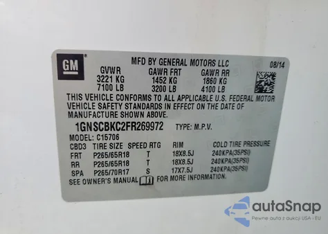 2015 Chevrolet Tahoe C1500 Lt из США, поврежденный, VIN 1GNSCBKC2FR269972